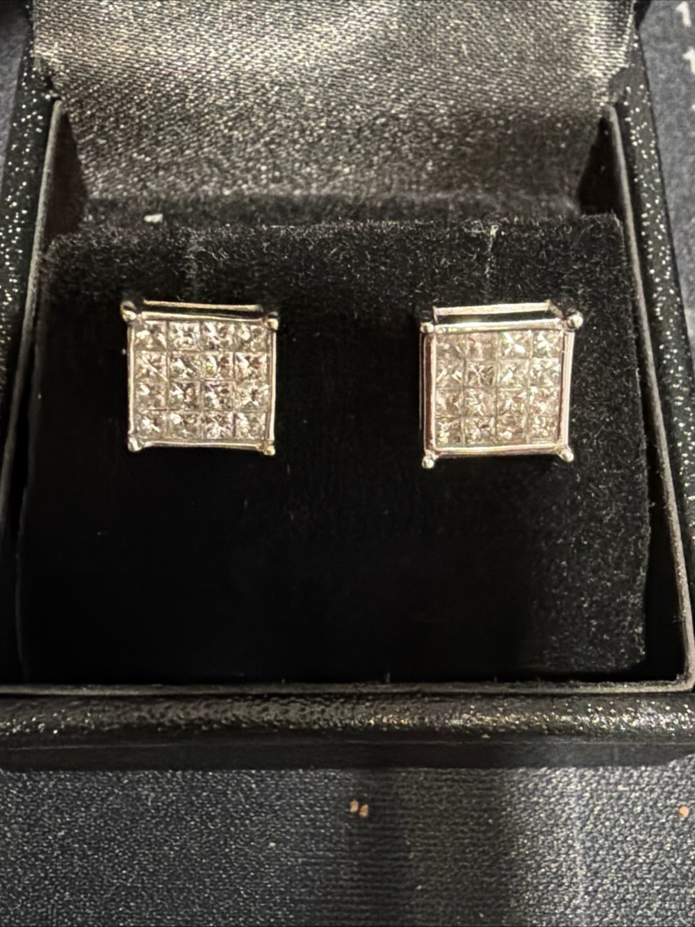 Princess Cut, Invisible, Setting Natural Diamond 14k White Gold Earrings